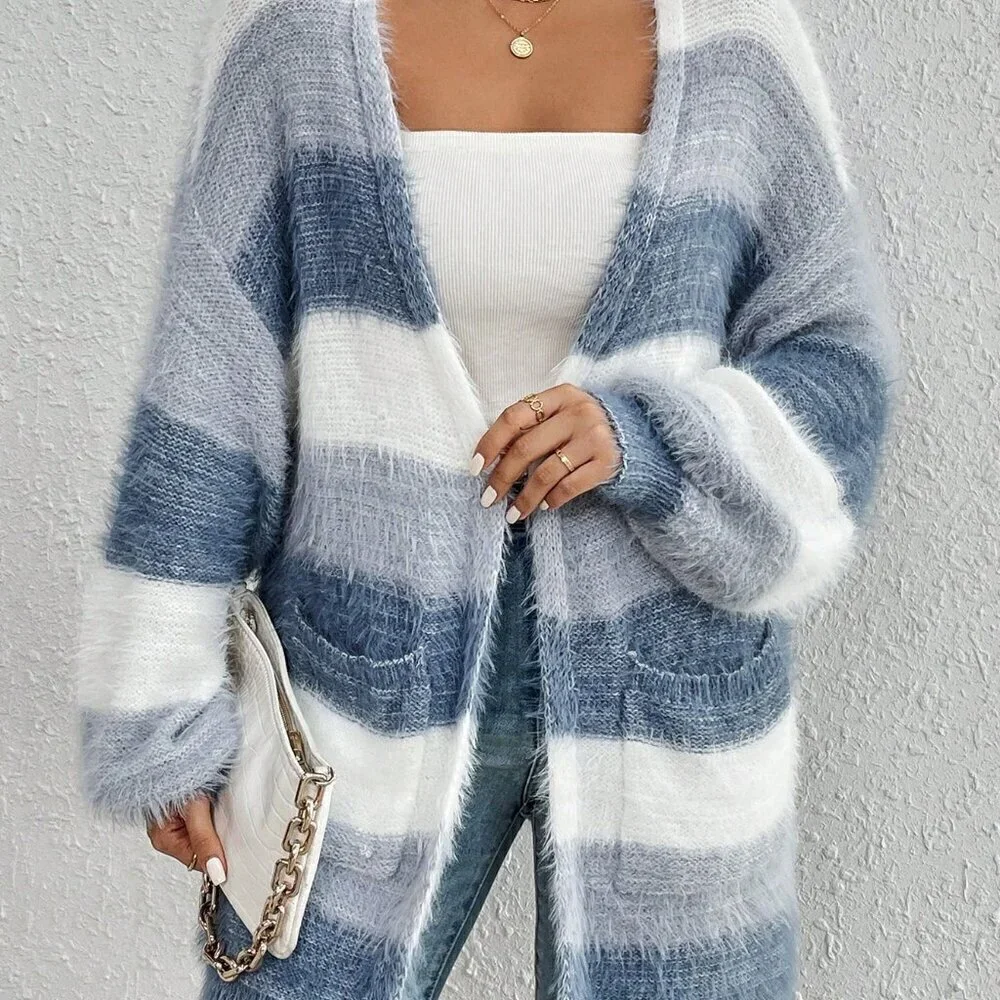 Multicolor Casual Women's Drop Shoulder Open Front Fluffy Knit Duster Cardigan